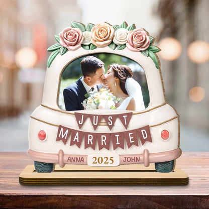 Just Married Wooden Plaque Featuring Roses And Wedding Car