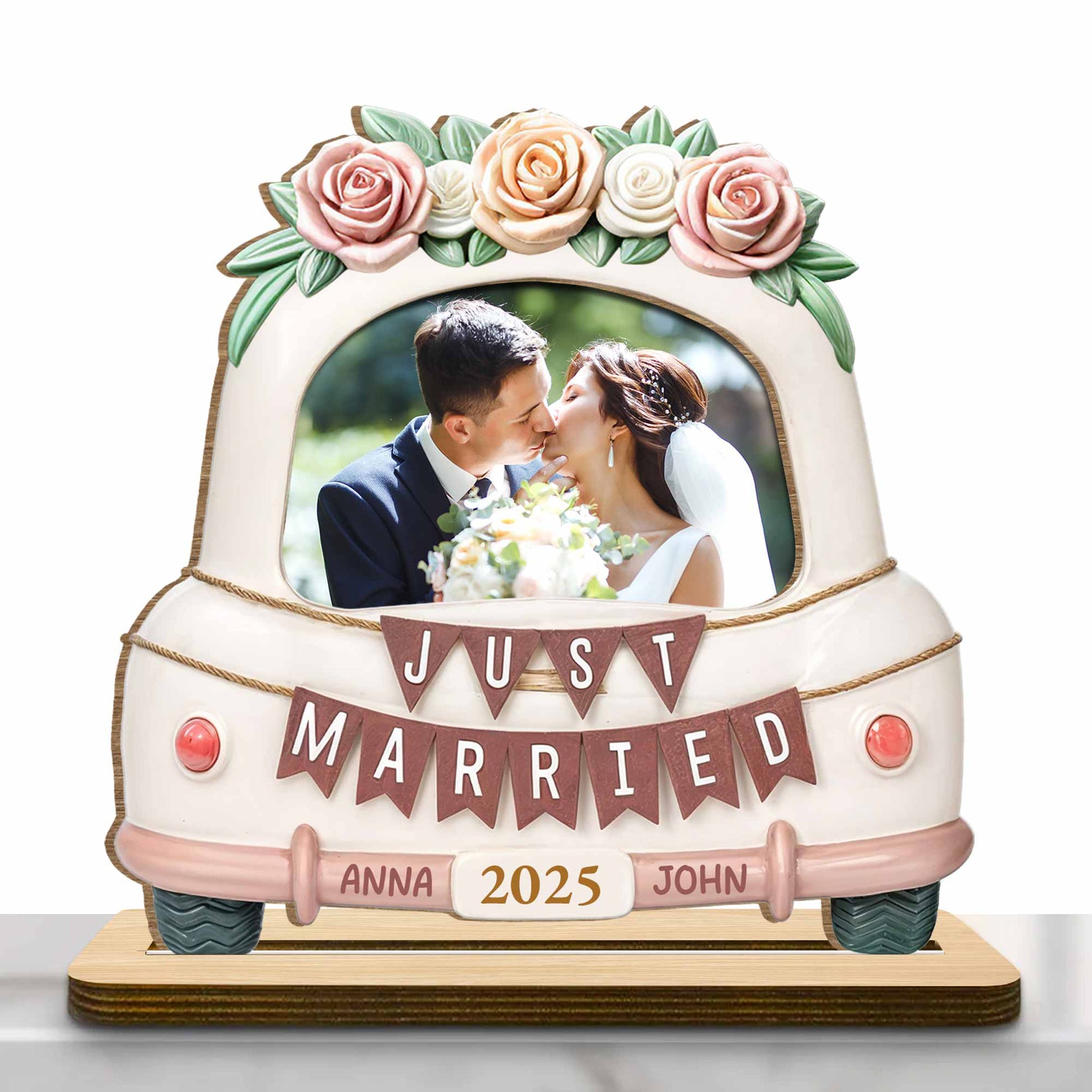Just Married Wooden Plaque Featuring Roses And Wedding Car