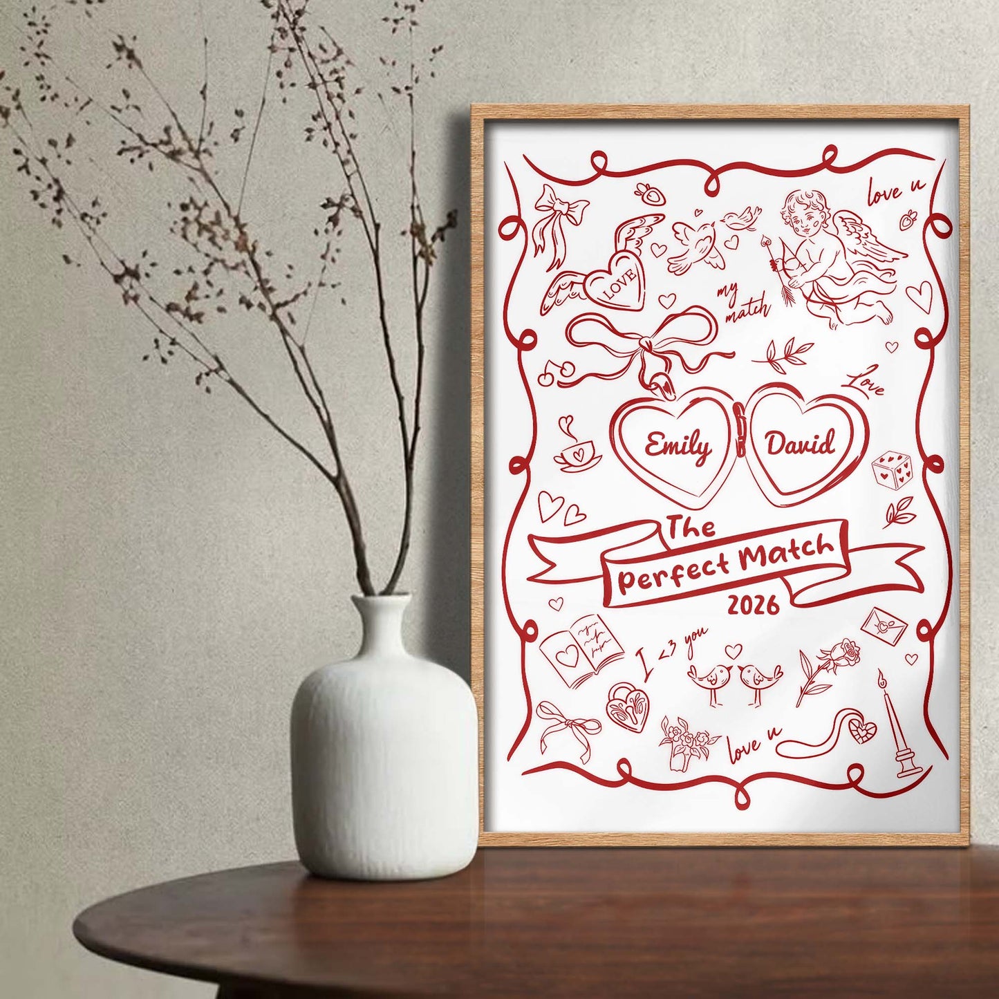 The Perfect Match With Hearts And Cupid Design