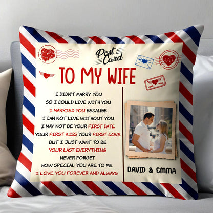 To My Wife, Postcard Design With Stripes And Photo Frame - Personalized Custom Pillow, Insert Included - CPL1287_PLW