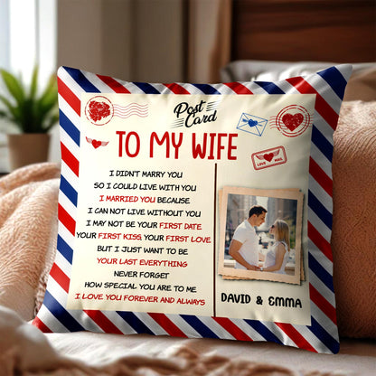 To My Wife, Postcard Design With Stripes And Photo Frame - Personalized Custom Pillow, Insert Included - CPL1287_PLW