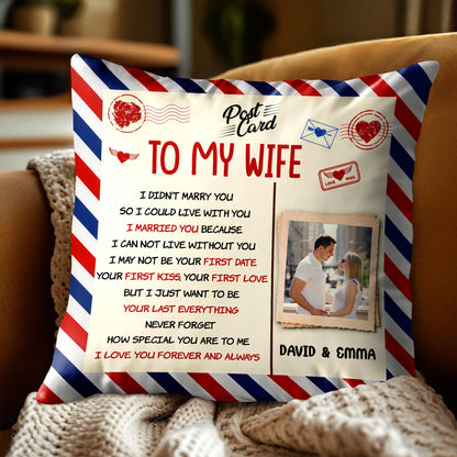 To My Wife, Postcard Design With Stripes And Photo Frame - Personalized Custom Pillow, Insert Included - CPL1287_PLW