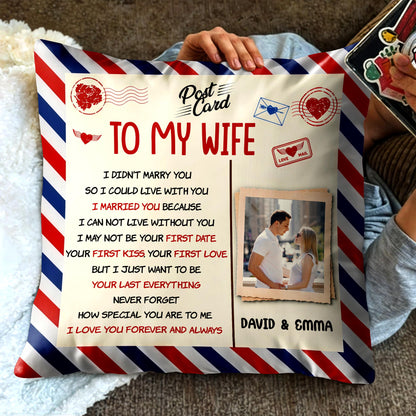 To My Wife, Postcard Design With Stripes And Photo Frame - Personalized Custom Pillow, Insert Included - CPL1287_PLW