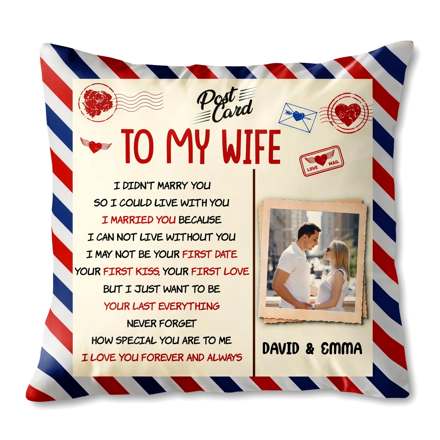 To My Wife, Postcard Design With Stripes And Photo Frame - Personalized Custom Pillow, Insert Included - CPL1287_PLW