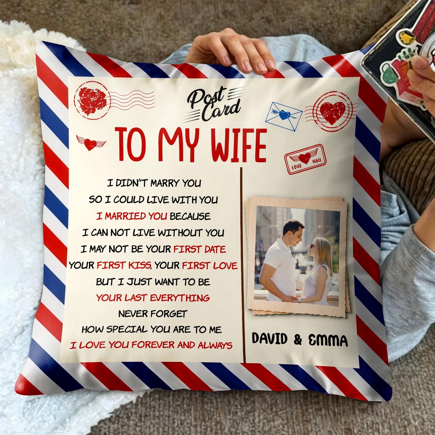 To My Wife, Postcard Design With Stripes And Photo Frame