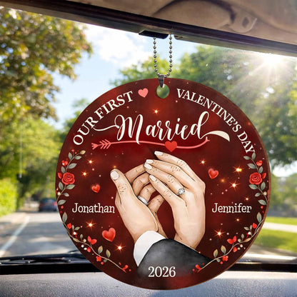 Our First Valentine's Married With Wedding Rings and Roses - Personalized Custom Wood Ornament, Car Hanging Ornament - CPL1301_WCA