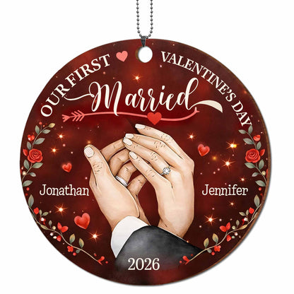 Our First Valentine's Married With Wedding Rings and Roses - Personalized Custom Wood Ornament, Car Hanging Ornament - CPL1301_WCA