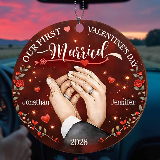 Our First Valentine's Married With Wedding Rings and Roses - Personalized Custom Wood Ornament, Car Hanging Ornament - CPL1301_WCA