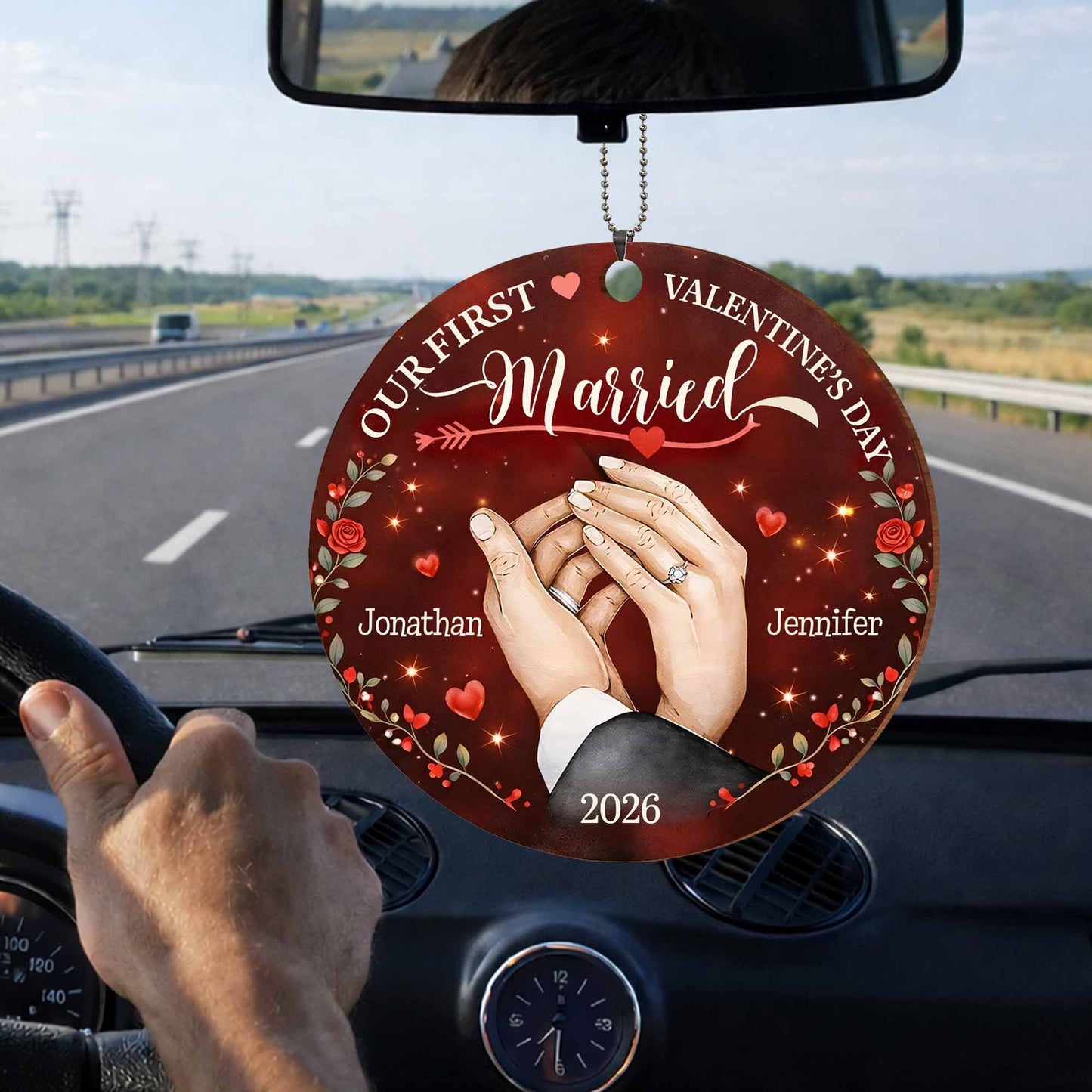 Our First Valentine's Married With Wedding Rings and Roses - Personalized Custom Wood Ornament, Car Hanging Ornament - CPL1301_WCA