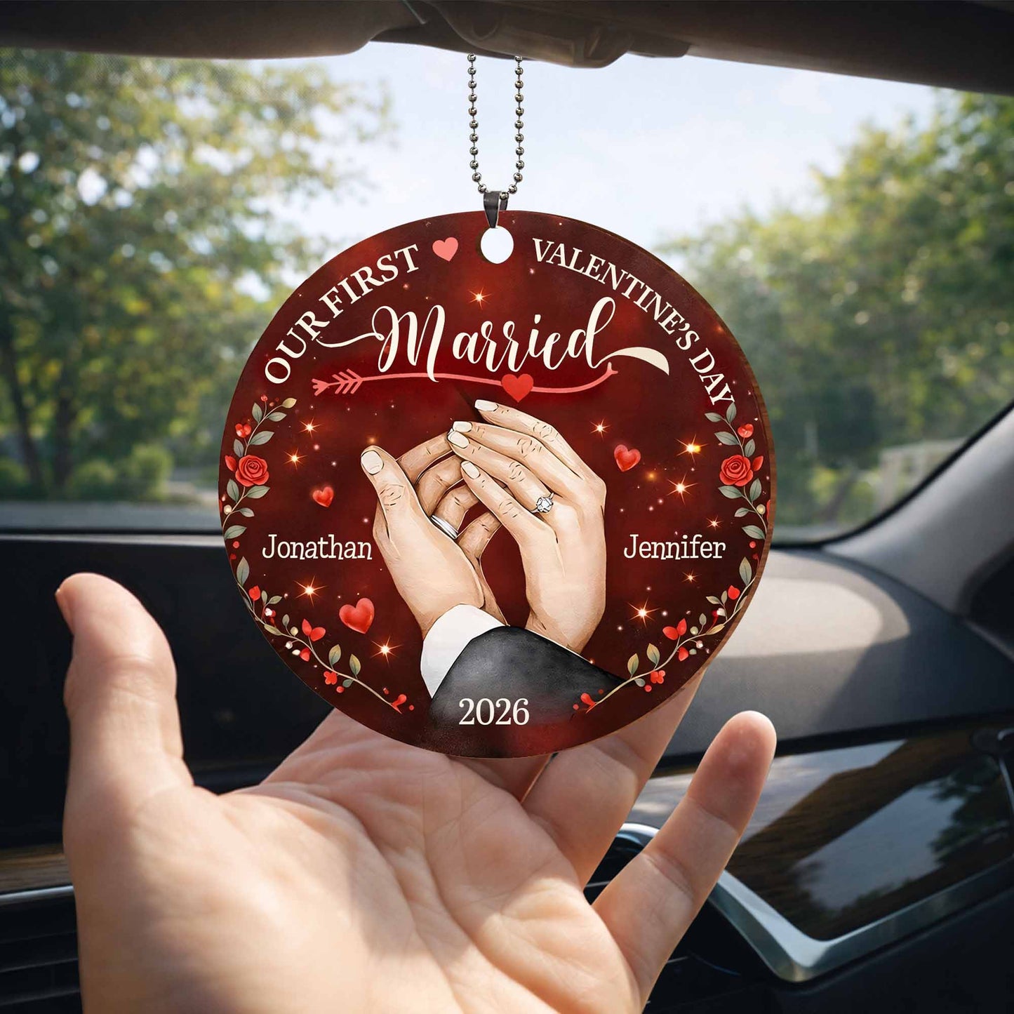 Our First Valentine's Married With Wedding Rings and Roses - Personalized Custom Wood Ornament, Car Hanging Ornament - CPL1301_WCA