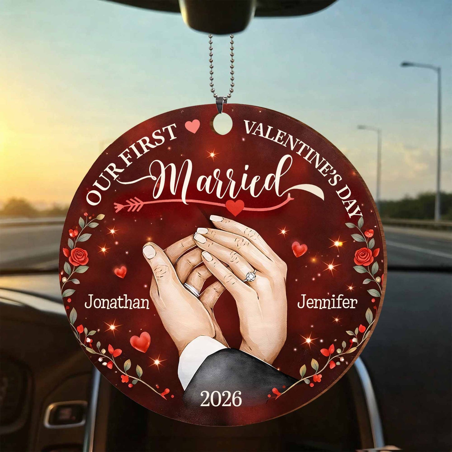 Our First Valentine's Married With Wedding Rings and Roses - Personalized Custom Wood Ornament, Car Hanging Ornament - CPL1301_WCA