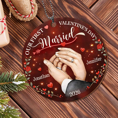 Our First Valentine's Married With Wedding Rings and Roses - Personalized Custom Wood Ornament, Car Hanging Ornament - CPL1301_WCA
