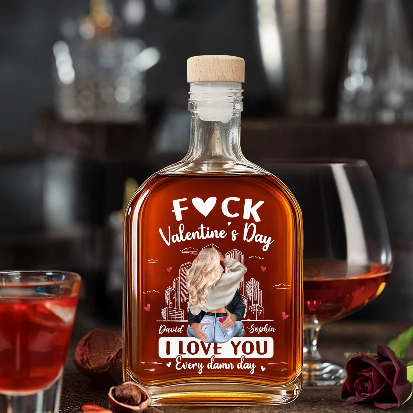 F❤CK Valentine's Day, I Love You, Heart And Cityscape - Personalized Whiskey Bottle - CPL1329_WHIBA