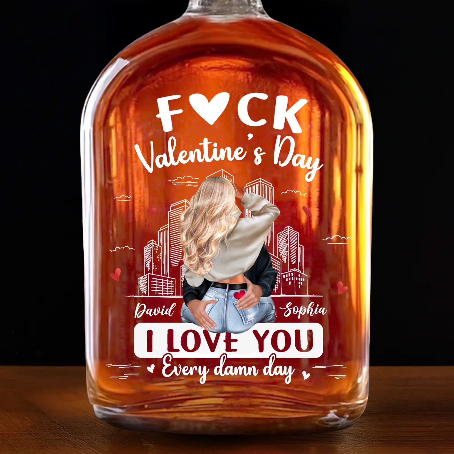 F❤CK Valentine's Day, I Love You, Heart And Cityscape - Personalized Whiskey Bottle - CPL1329_WHIBA