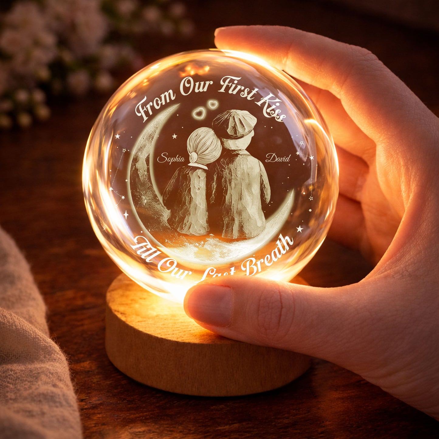 From Our First Kiss Couple Sitting On Moon And Stars - Custom Crystal Globe Lamp - CPL1336_GLAMP