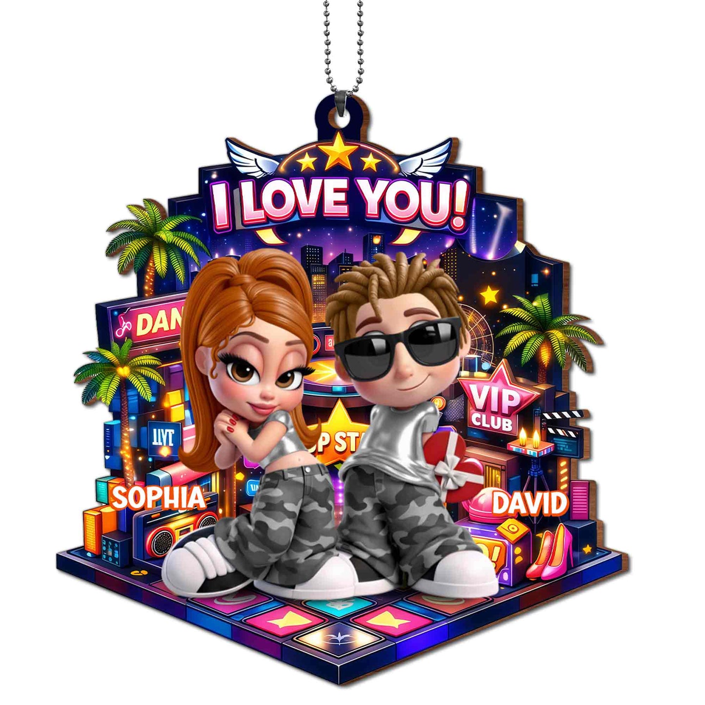 I Love You Couple On Dance Floor With Palm Trees And Stars