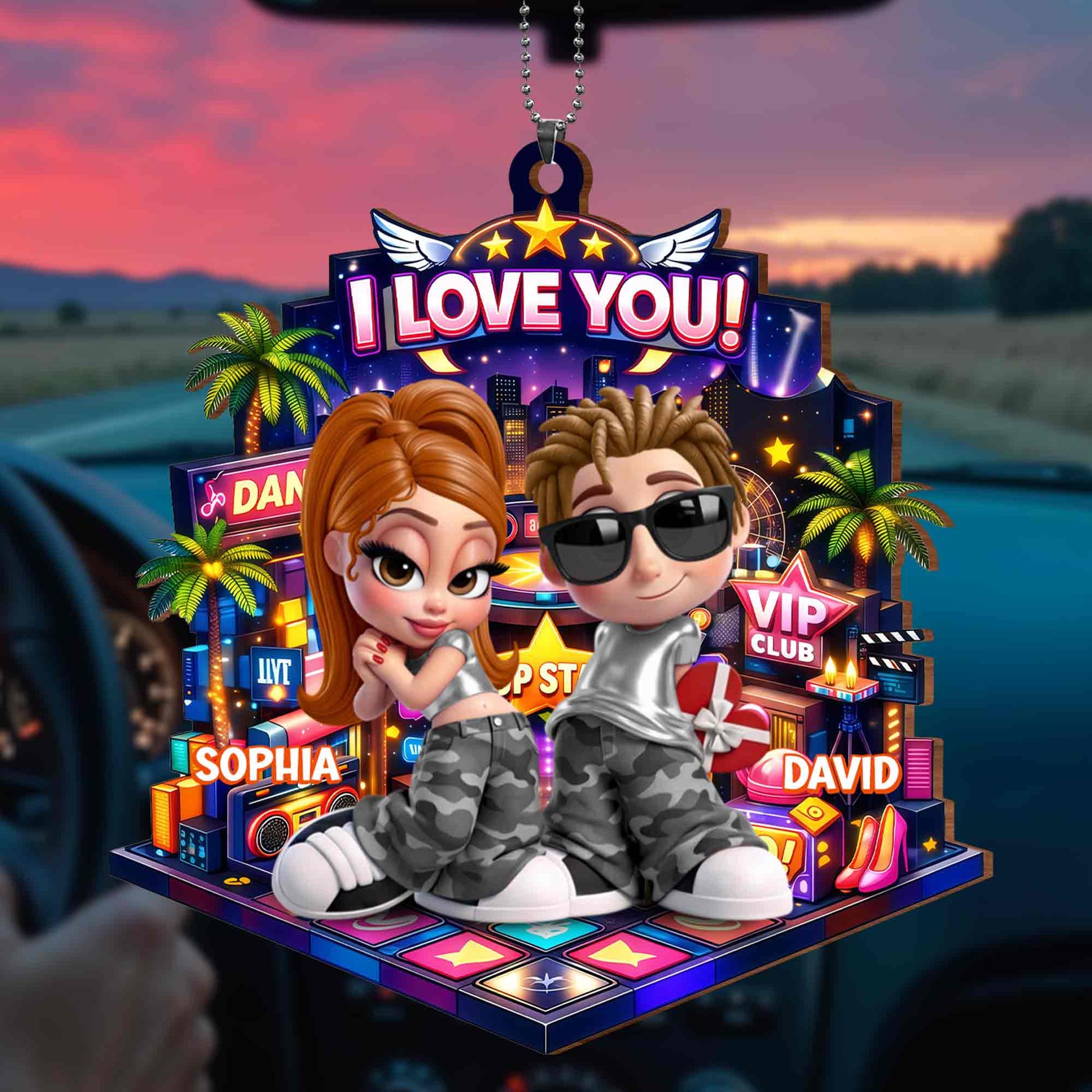 I Love You Couple On Dance Floor With Palm Trees And Stars