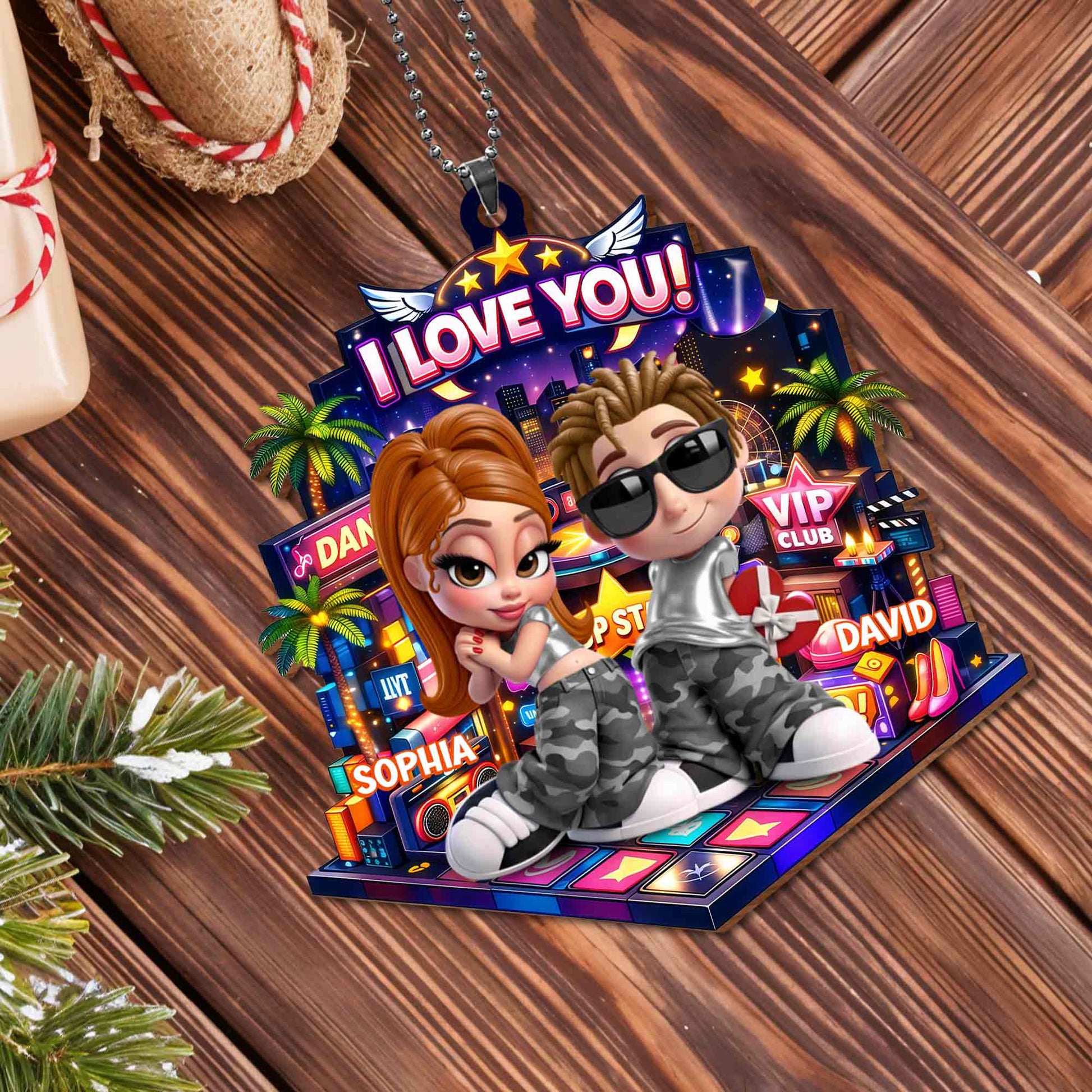 I Love You Couple On Dance Floor With Palm Trees And Stars
