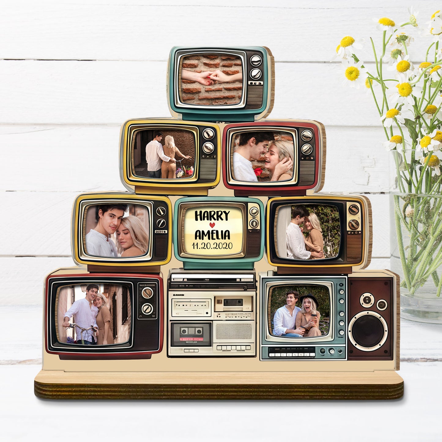 Celebrate Special Memories With Vintage TV Photo Display - Personalized Custom 2-Layer Wood Plaque With Flat Base - CPL1347_WPLA