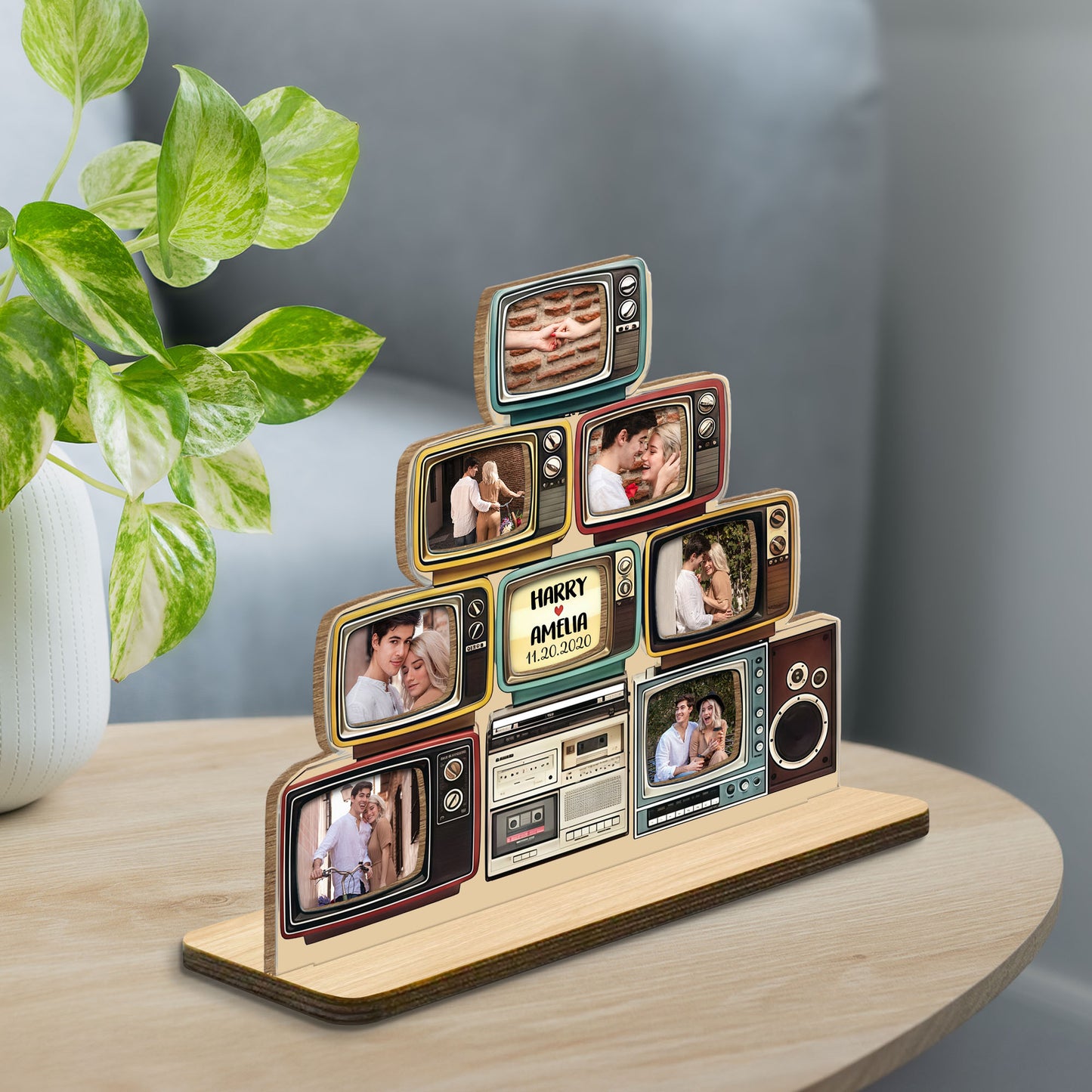 Celebrate Special Memories With Vintage TV Photo Display - Personalized Custom 2-Layer Wood Plaque With Flat Base - CPL1347_WPLA