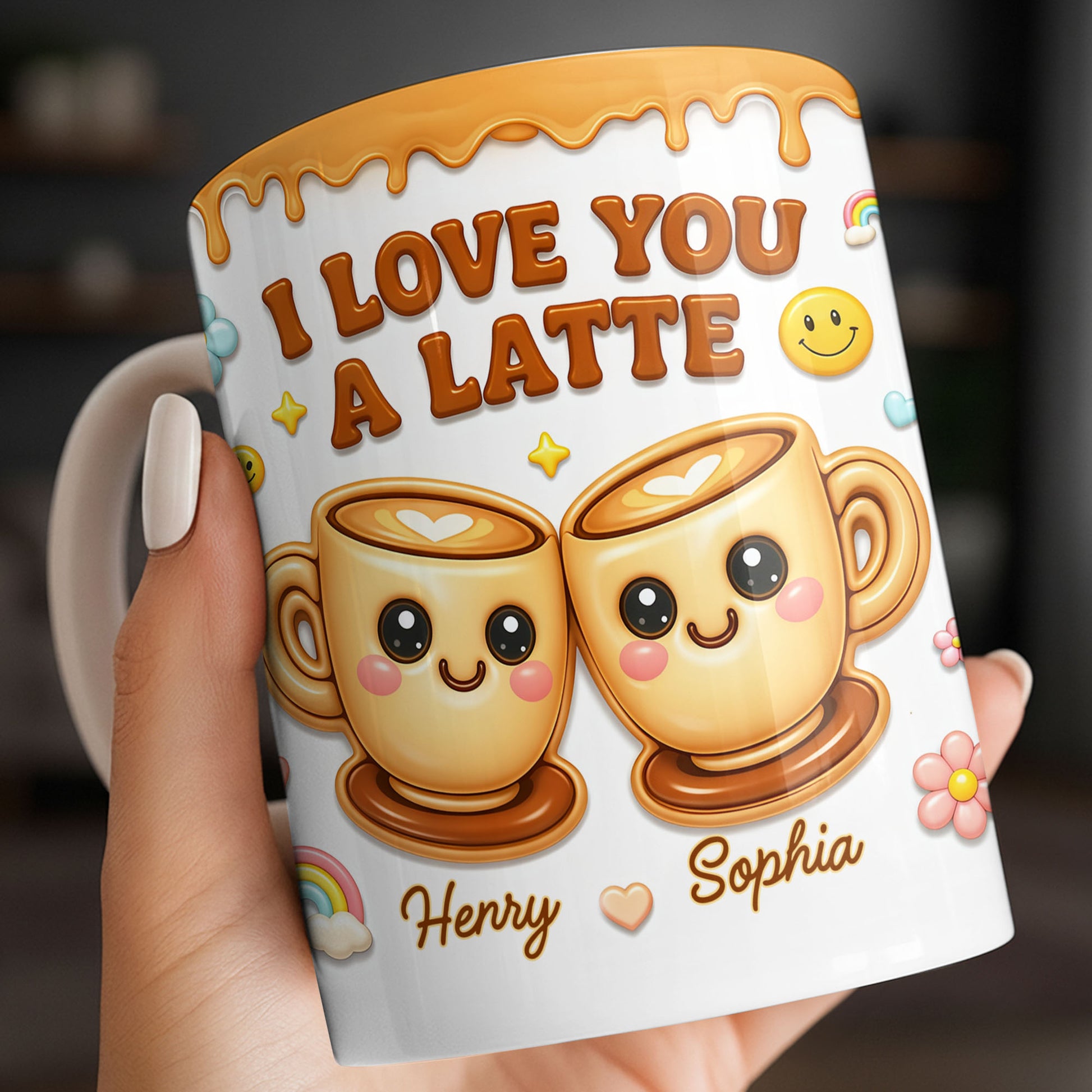 I Love You A Latte With Cute Coffee Cups And Smiley Faces