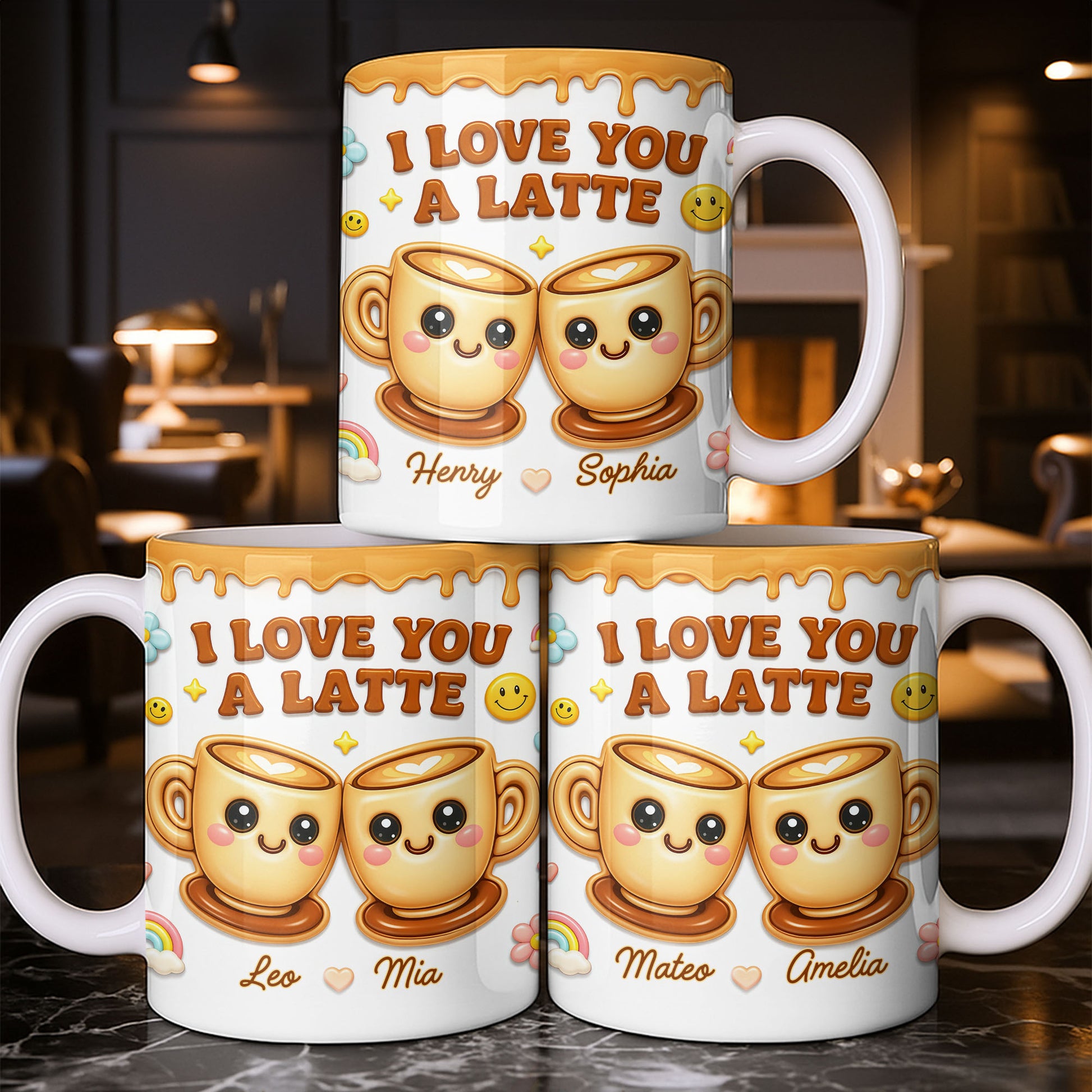 I Love You A Latte With Cute Coffee Cups And Smiley Faces