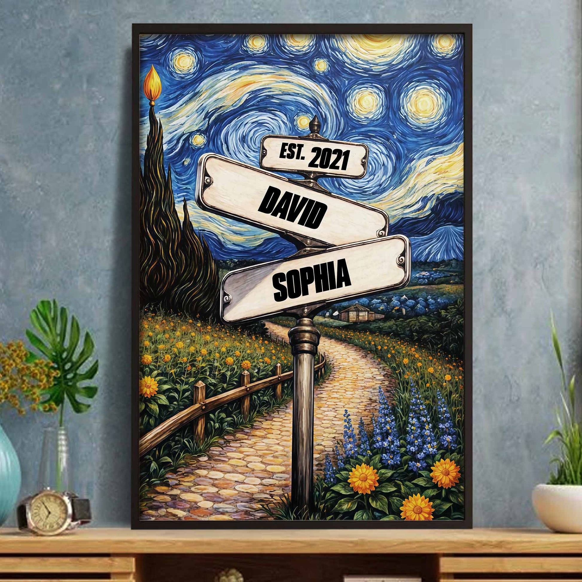 Our Journey Together Under The Starry Night Street Sign And Sunflowers