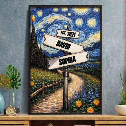 Our Journey Together Under The Starry Night Street Sign And Sunflowers