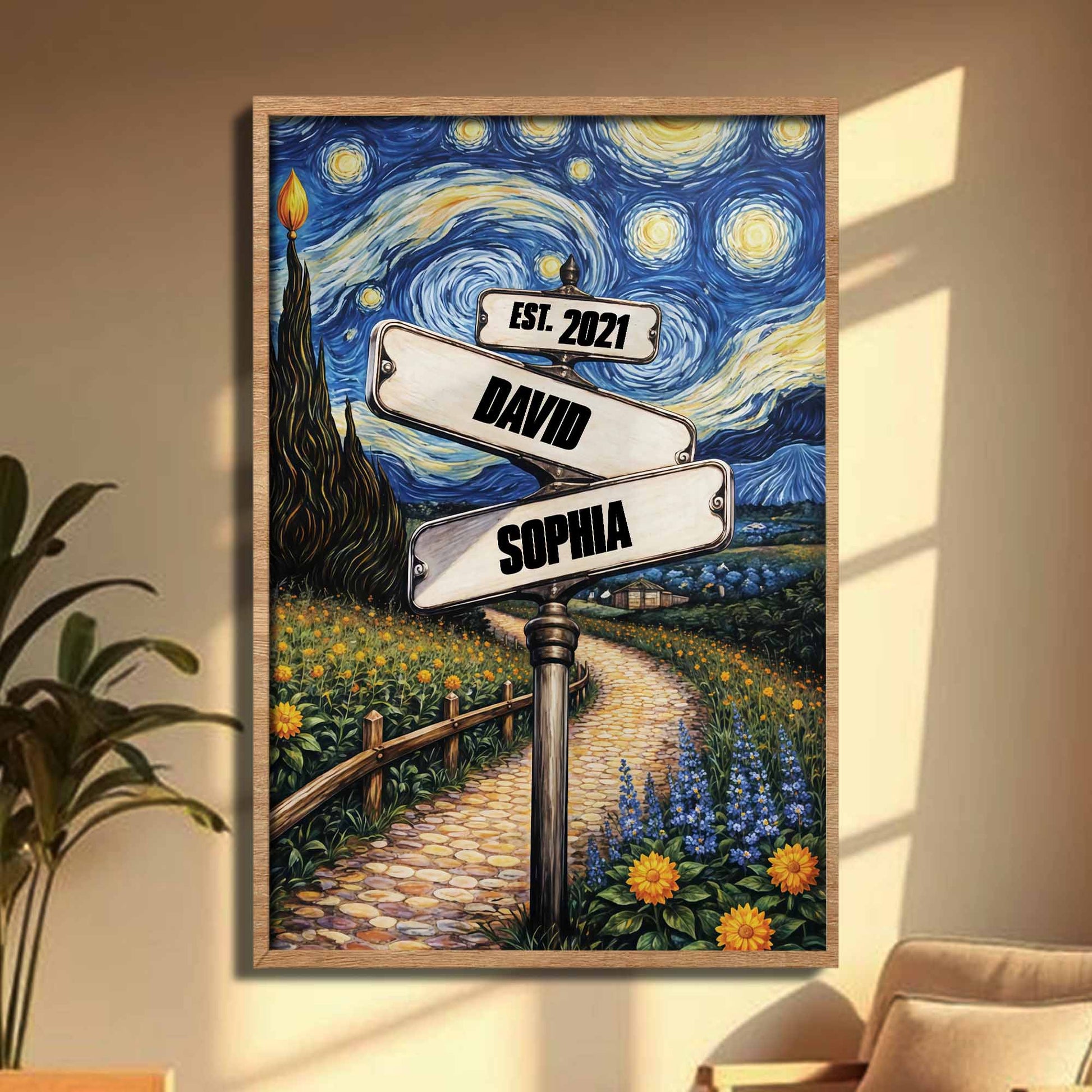 Our Journey Together Under The Starry Night Street Sign And Sunflowers