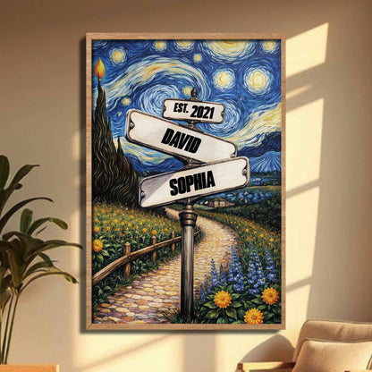Our Journey Together Under The Starry Night Street Sign And Sunflowers