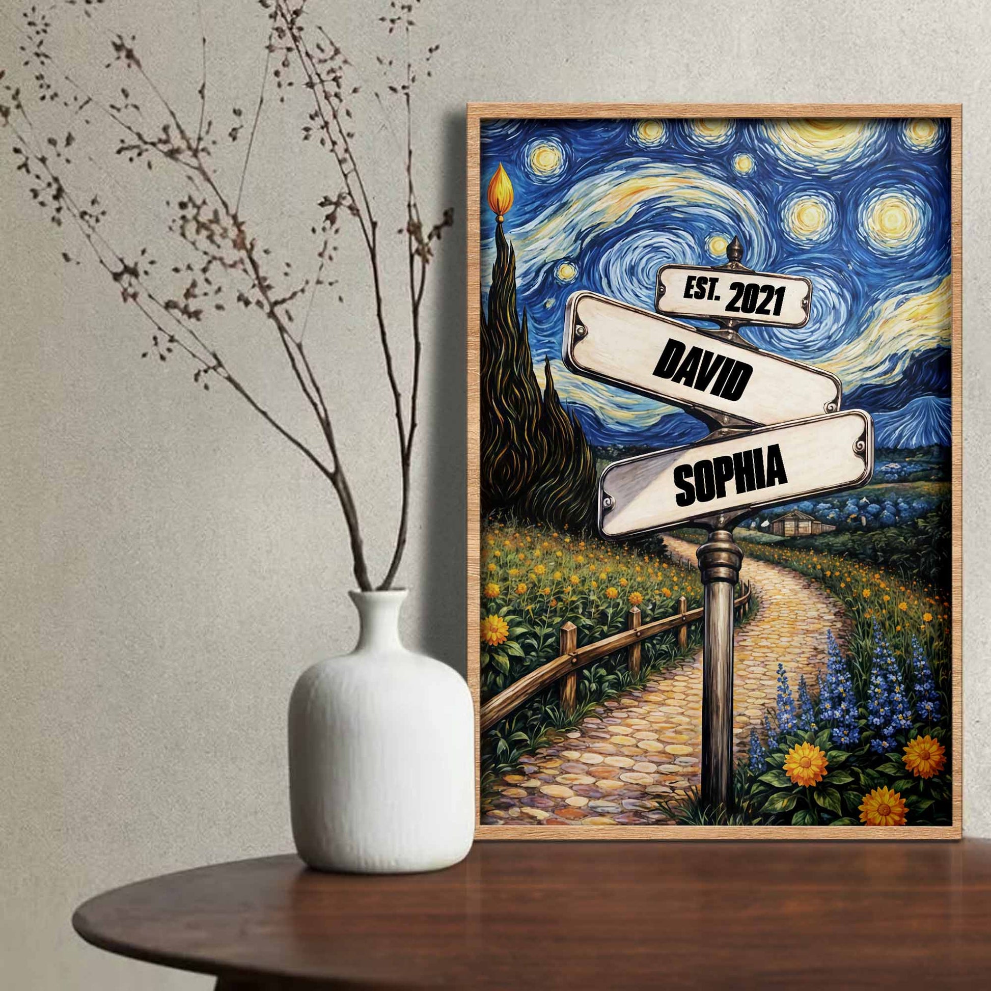 Our Journey Together Under The Starry Night Street Sign And Sunflowers