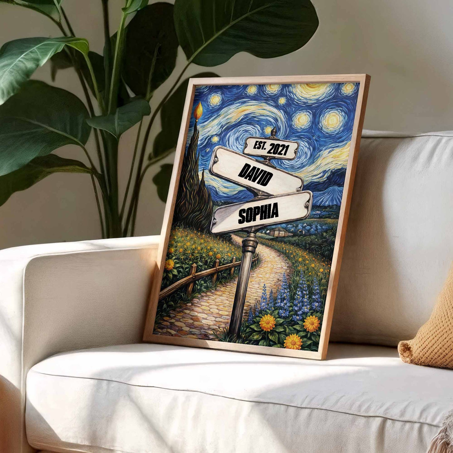 Our Journey Together Under The Starry Night Street Sign And Sunflowers