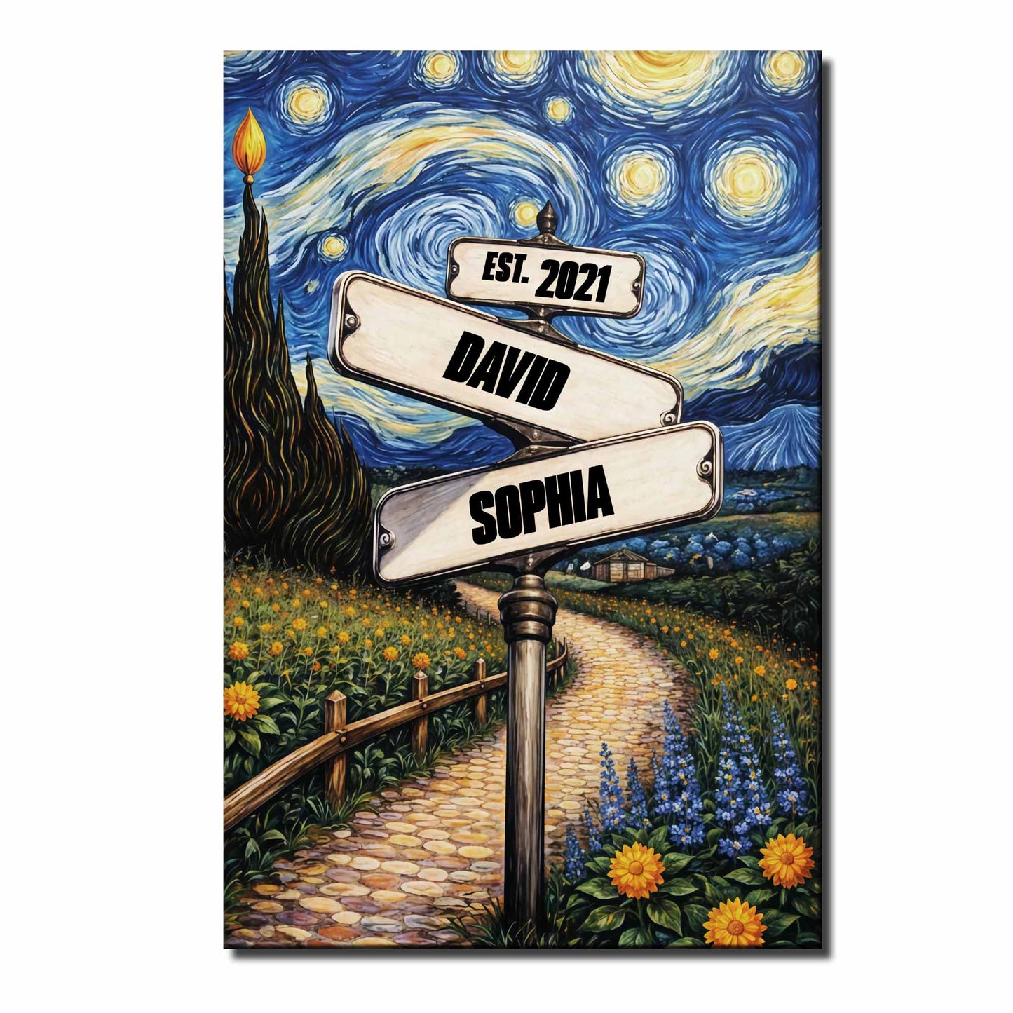 Our Journey Together Under The Starry Night Street Sign And Sunflowers