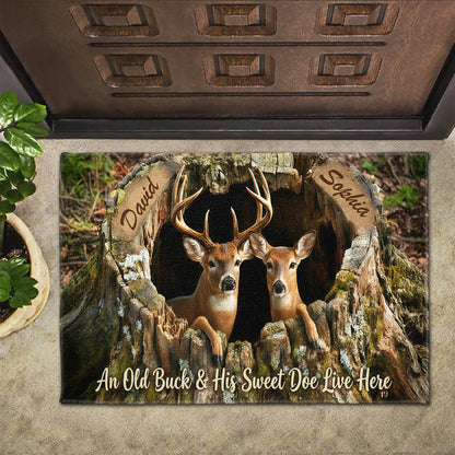An Old Buck And His Sweet Doe Live Here With Deer And Tree Trunk