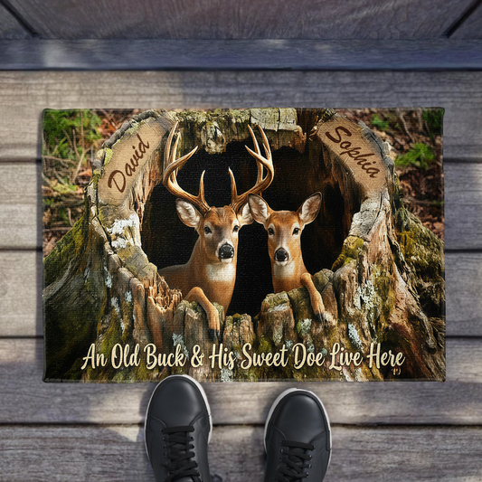 An Old Buck And His Sweet Doe Live Here With Deer And Tree Trunk