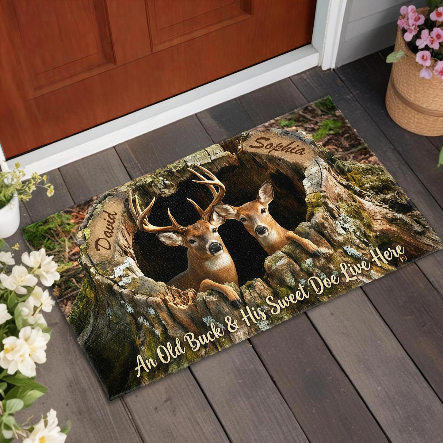 An Old Buck And His Sweet Doe Live Here With Deer And Tree Trunk