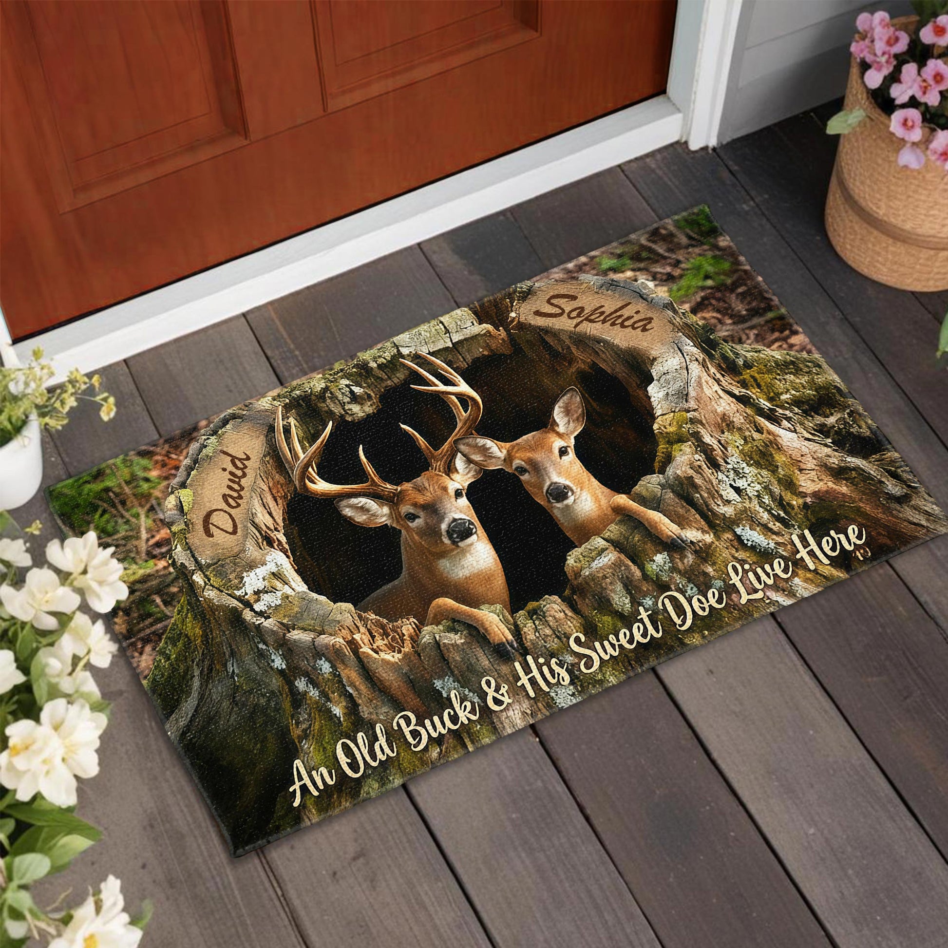 An Old Buck And His Sweet Doe Live Here With Deer And Tree Trunk