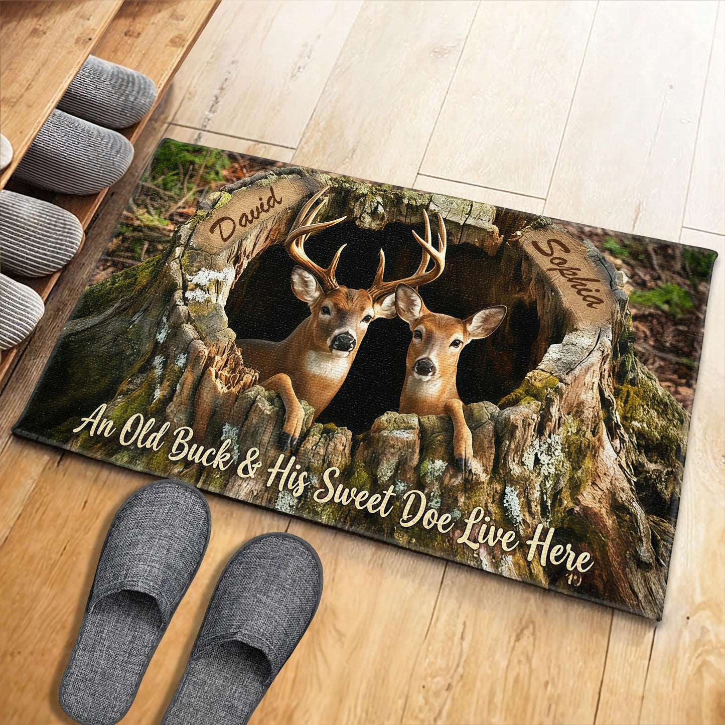 An Old Buck And His Sweet Doe Live Here With Deer And Tree Trunk