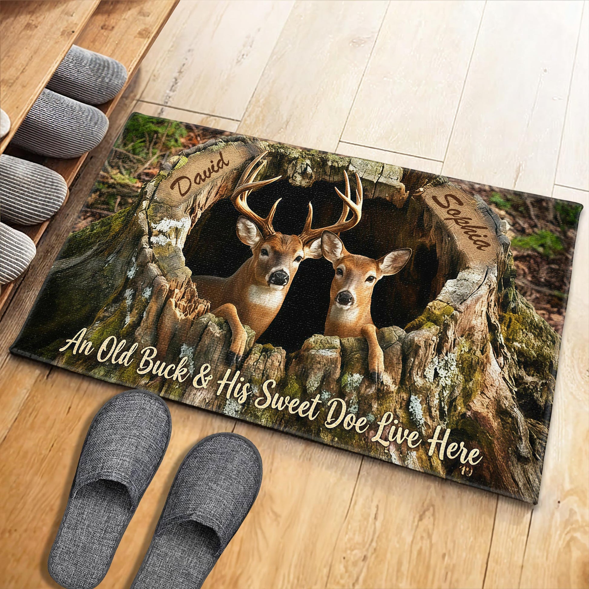 An Old Buck And His Sweet Doe Live Here With Deer And Tree Trunk