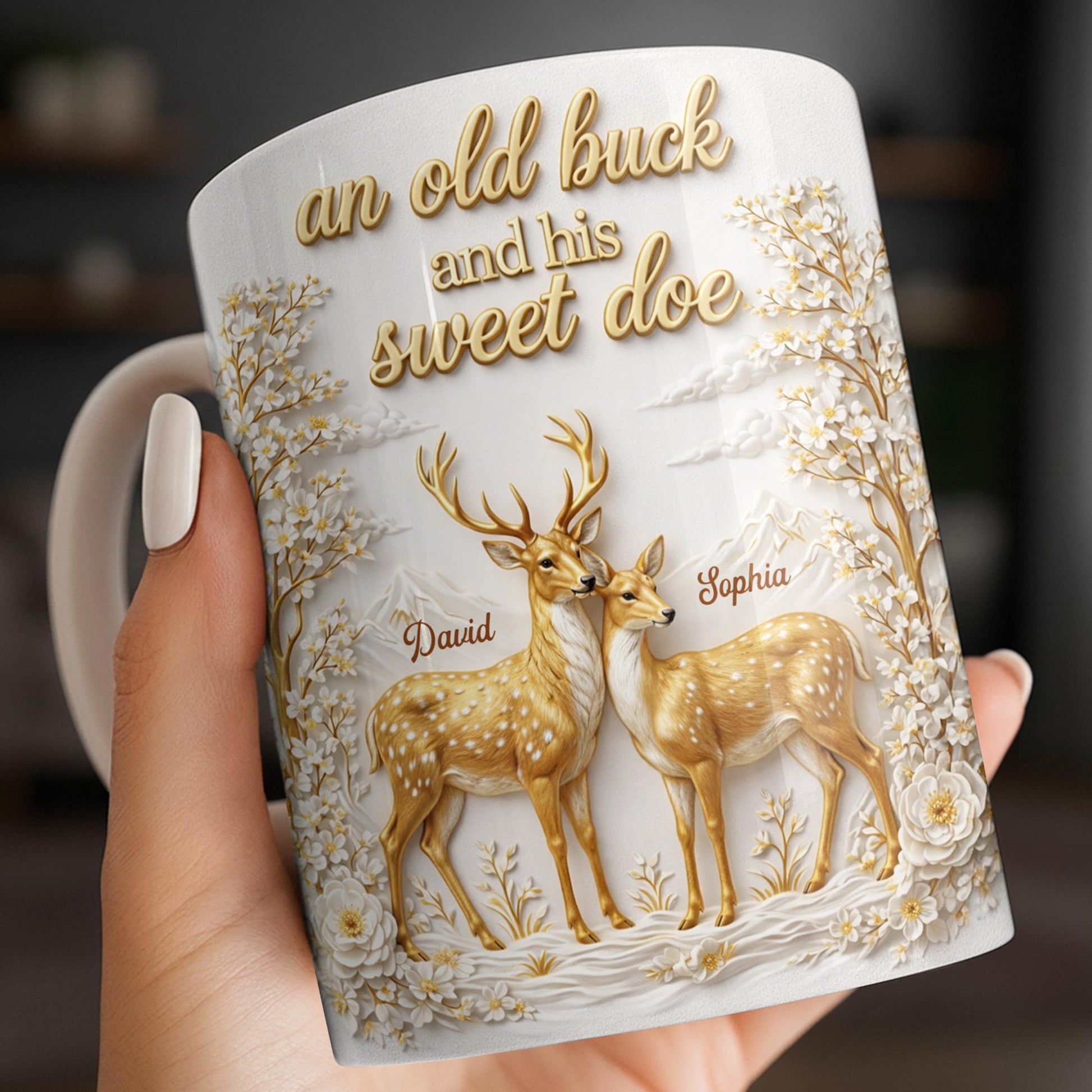 An Old Buck And His Sweet Doe With Deer And Flowers