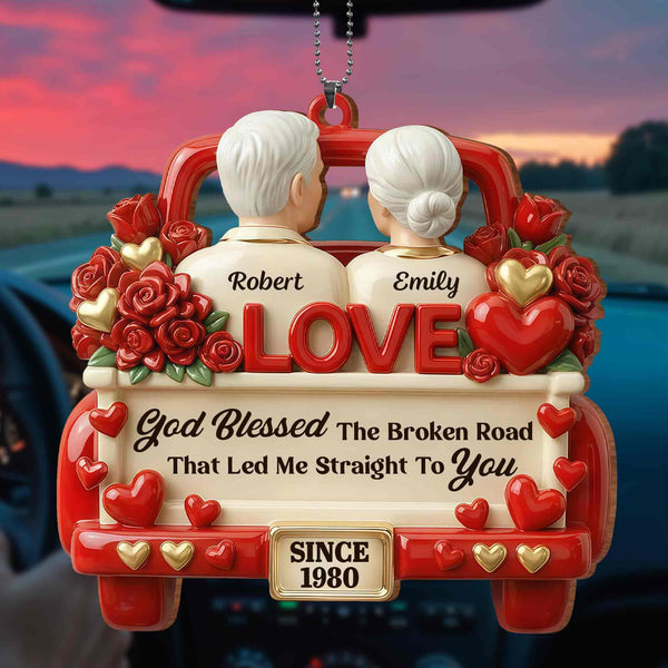 God Blessed The Broken Road Old Couple In Red Truck With Roses Hearts