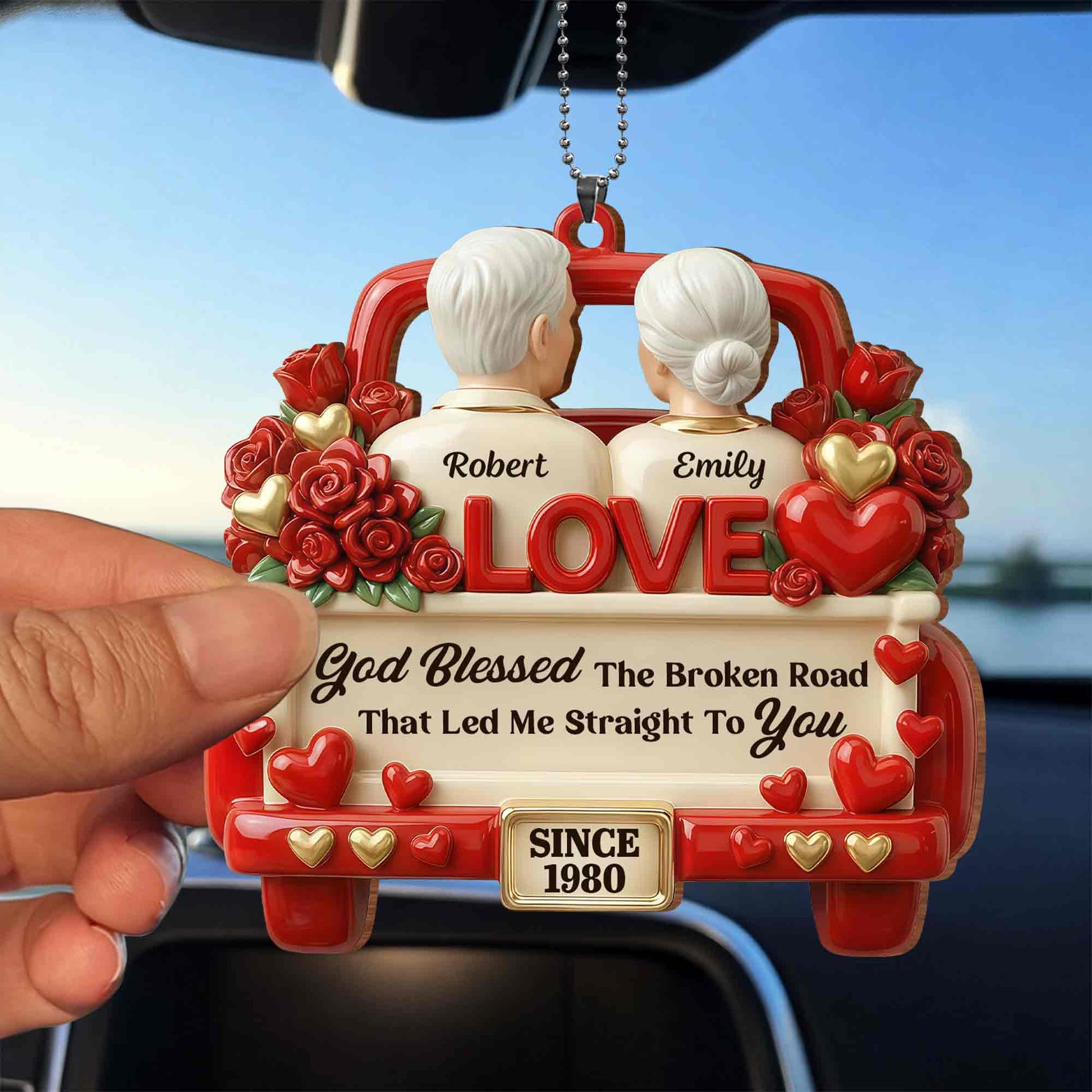 God Blessed The Broken Road Old Couple In Red Truck With Roses Hearts