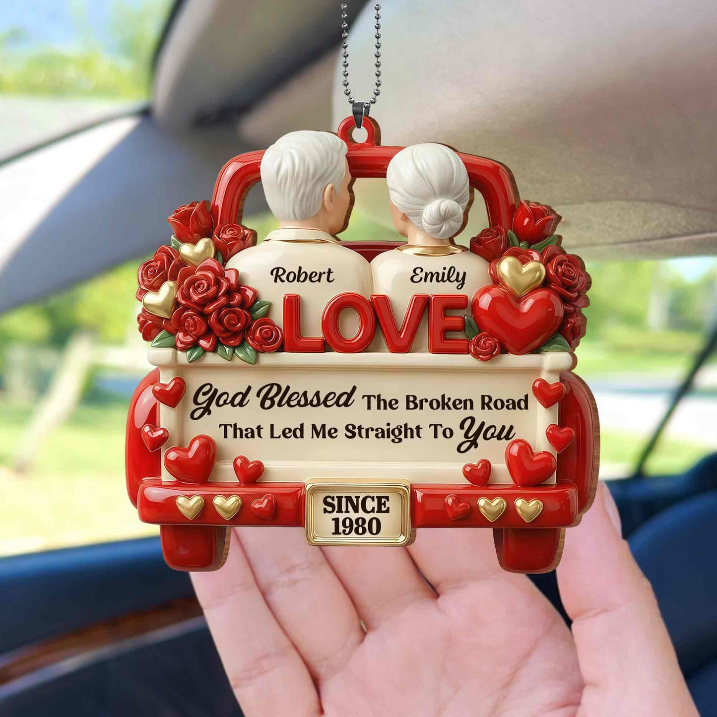 God Blessed The Broken Road Old Couple In Red Truck With Roses Hearts