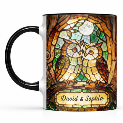 Two Owls In Love Under The Moonlight Stained Glass Design