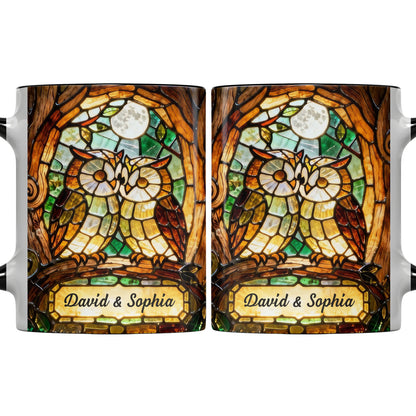 Two Owls In Love Under The Moonlight Stained Glass Design