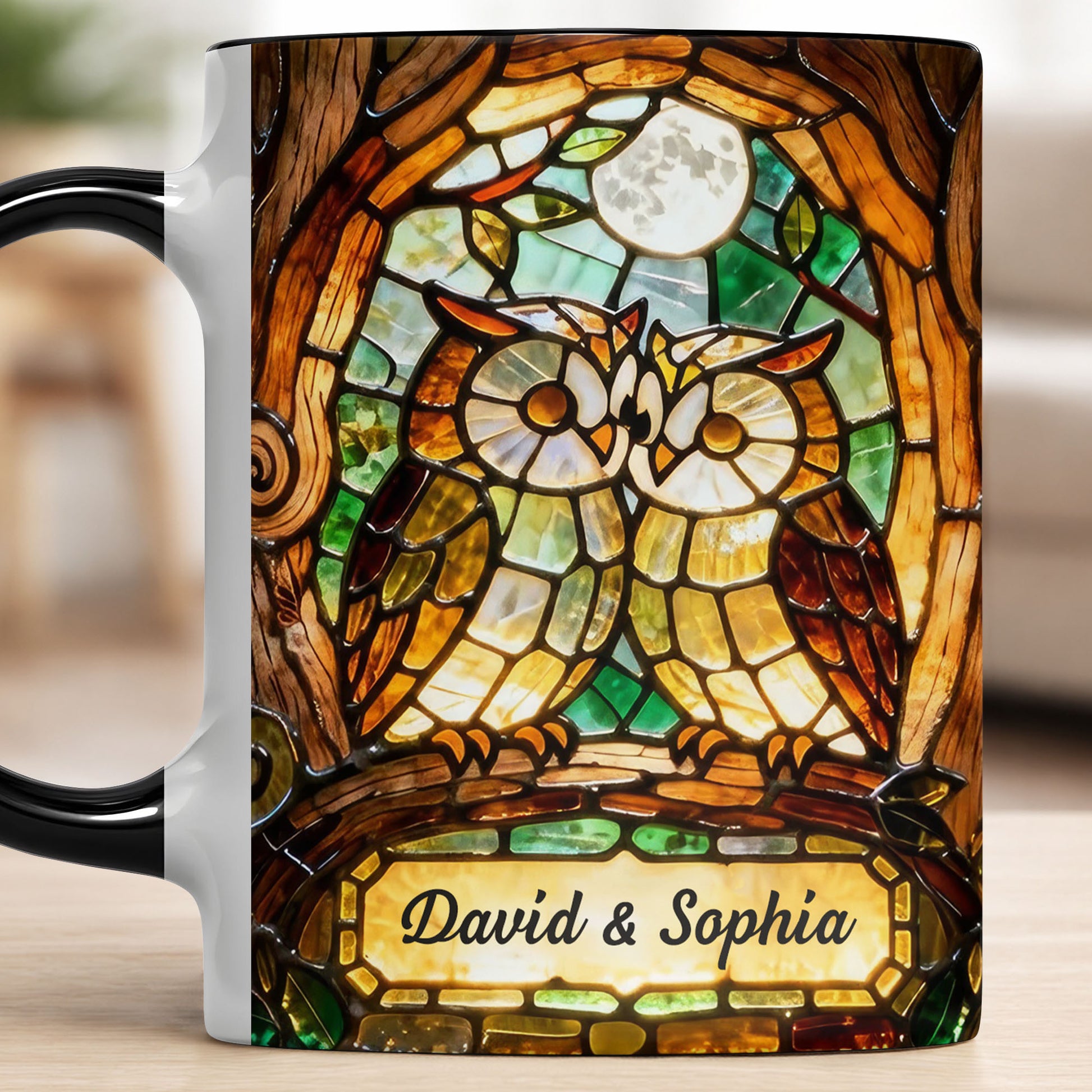 Two Owls In Love Under The Moonlight Stained Glass Design