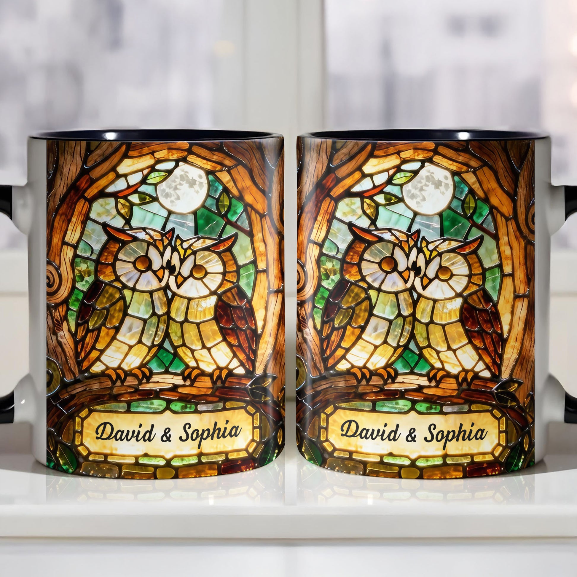 Two Owls In Love Under The Moonlight Stained Glass Design