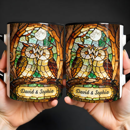 Two Owls In Love Under The Moonlight Stained Glass Design