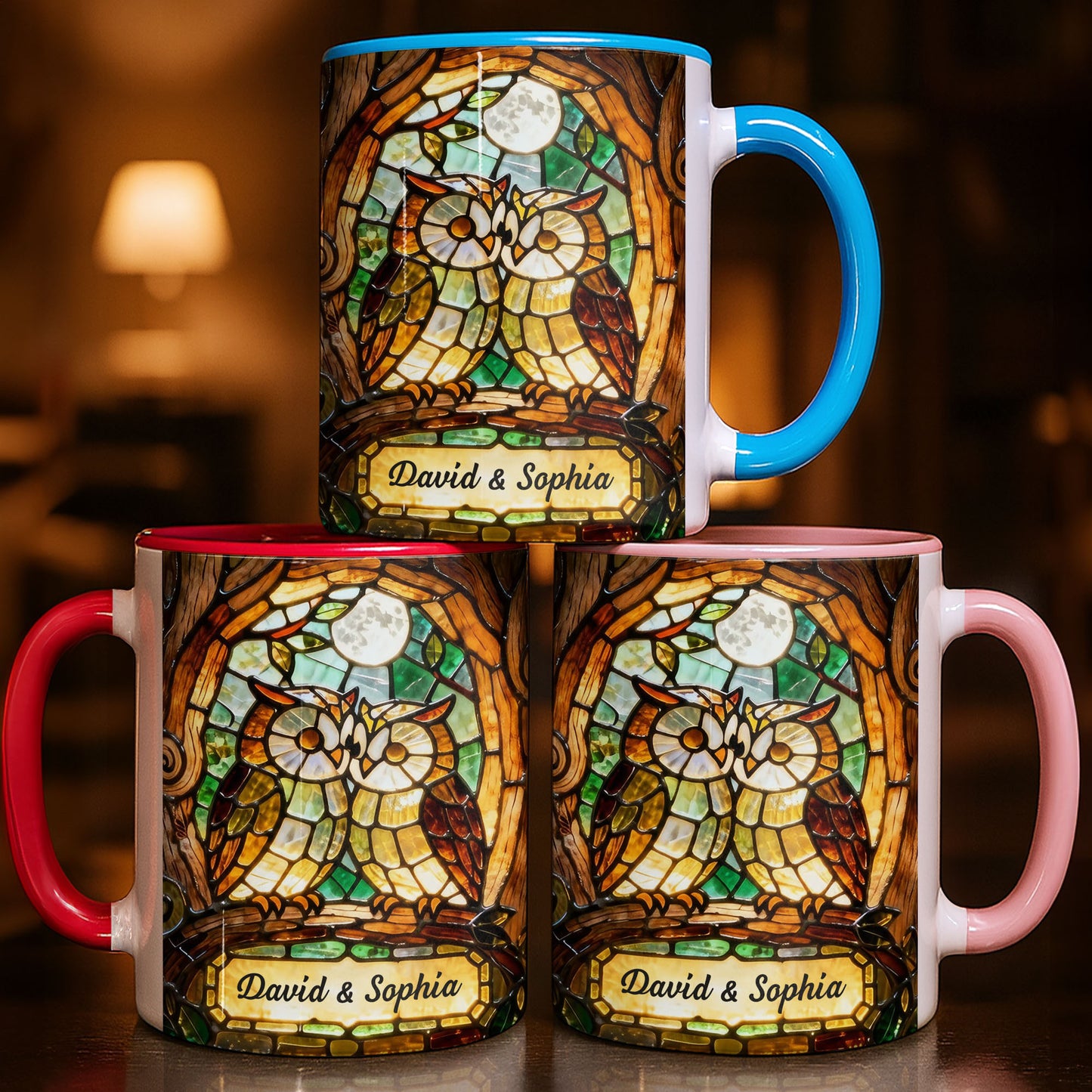 Two Owls In Love Under The Moonlight Stained Glass Design