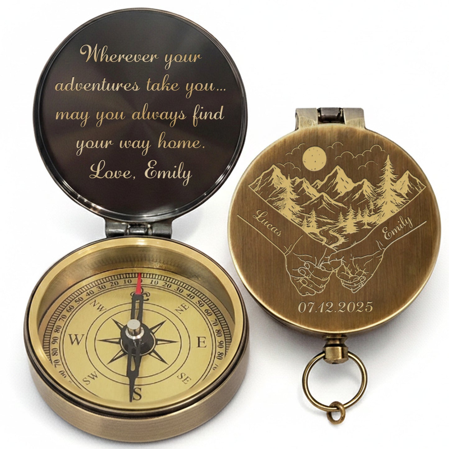 Wherever Your Adventures Take You Holding Hands Mountain Forest Scene - Personalized Engraved Brass Compass - CPL1413_ECPASS